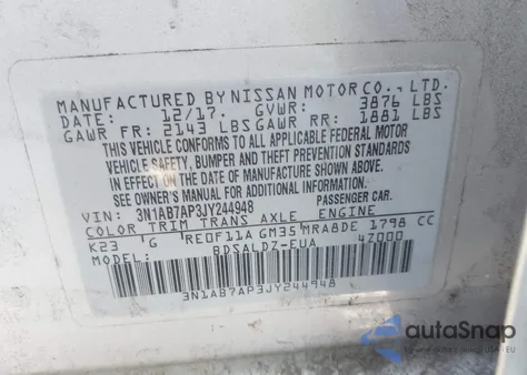 2018 Nissan Sentra Sv z USA, uszkodzony, nr VIN 3N1AB7AP3JY244948